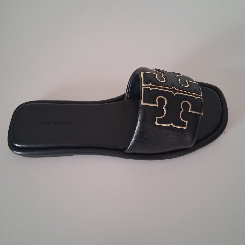 Tory Burch Double T Sport Slide Sandals Size 5.5 Perfect Black /Gold - Picture 6 of 9